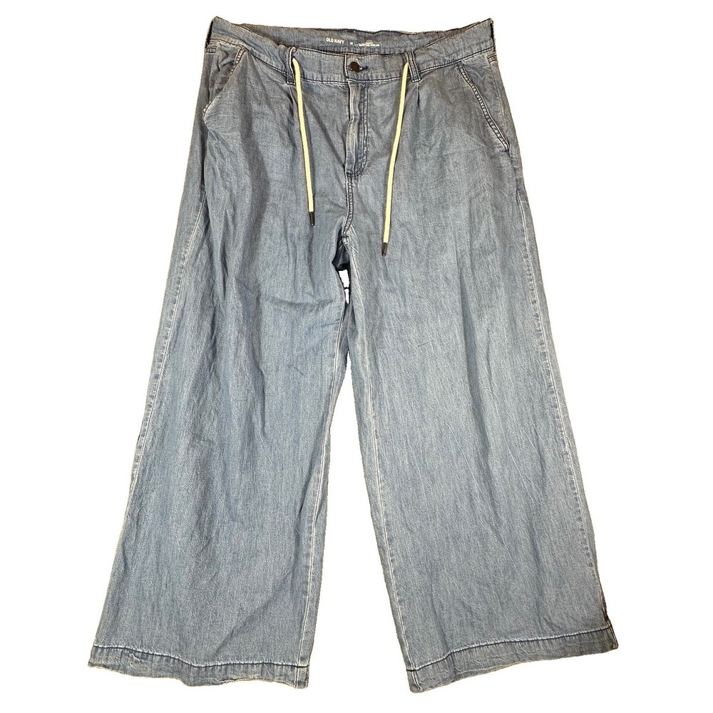 Old Navy Drapey Drawcord Wide Leg Pants Women's 16 Blue High Rise Cotton Denim